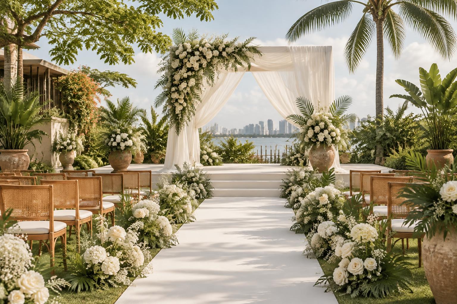 A lush garden wedding ceremony with white flowers and an ivory canopy